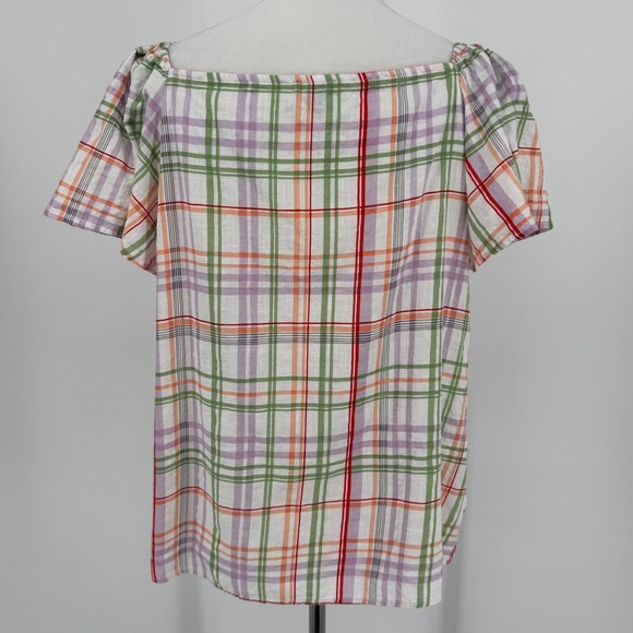 Ann Taylor Factory Plaid Top Size Large Puff Sleeve Multicolor Summer Blouse - Picture 6 of 9
